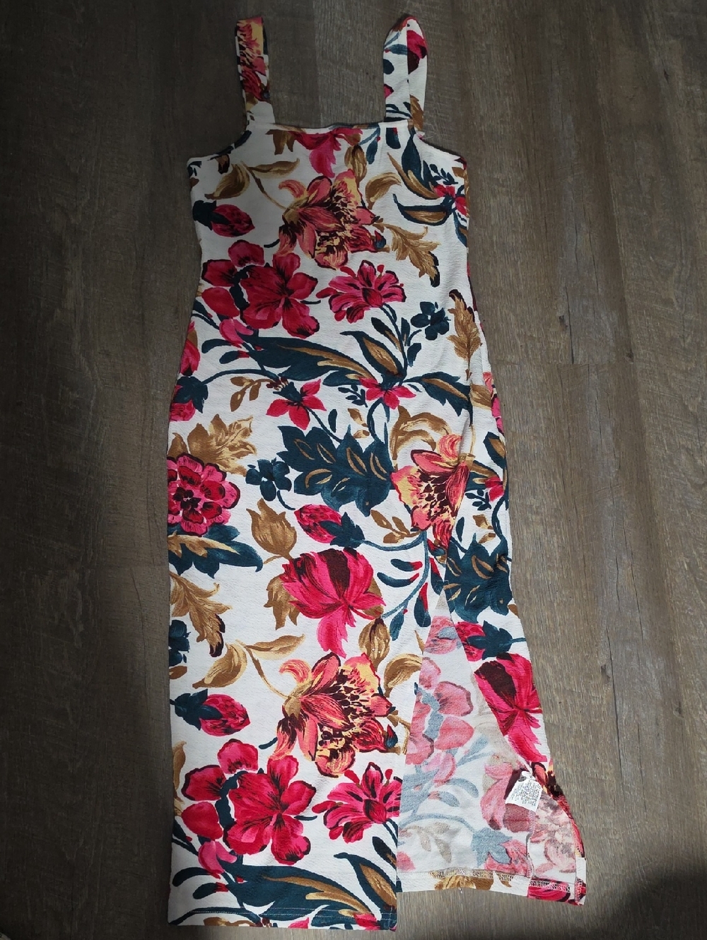 Floral Print Strappy Summer Dress in White, Pink & Gold